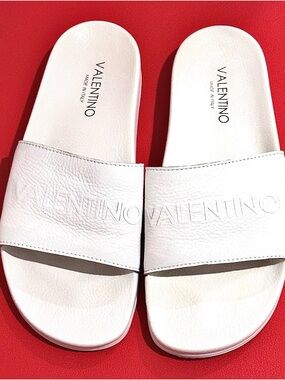 Valentino White Embossed Leather Slide Sandals